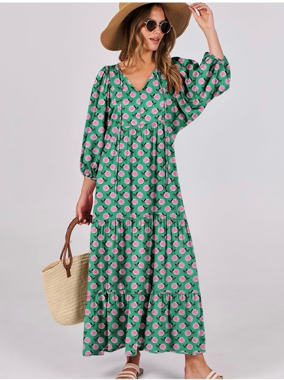 ANRABESS Womens Boho Maxi Dresse V Neck Puff Sleeve Floral Flowy Swing SZ XL
